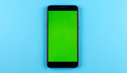 Sleek Black Smartphone with a Vibrant Green Chroma Key Screen on a Bright Blue Backdrop.