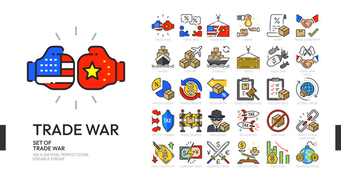 Color line icon set trade war concepts including tariff, sanction, smuggling, inflation, chain and agreement symbols. vector illustration 256x256 pixel perfect icon vector, editable stroke	