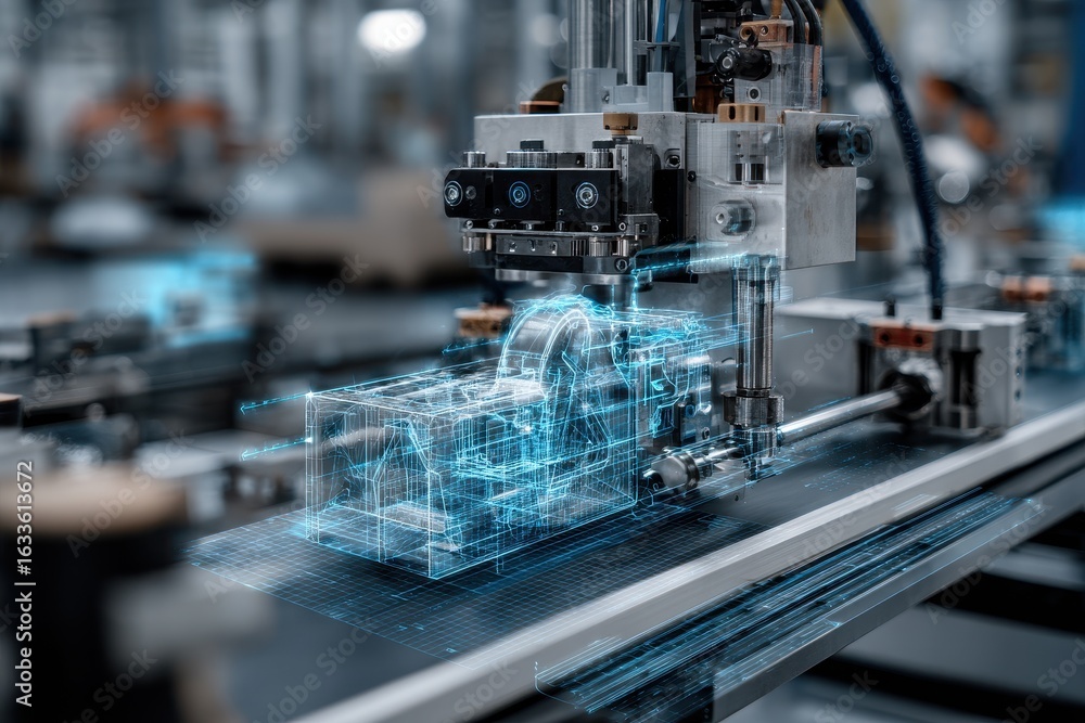 Poster digital twin technology enhances manufacturing processes in a high-tech facility showcasing automati