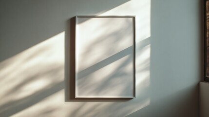 White framed blank canvas on a wall, sunlit shadows