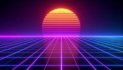Luminous Retrowave Sunset Over an Infinite Neon Grid Horizon