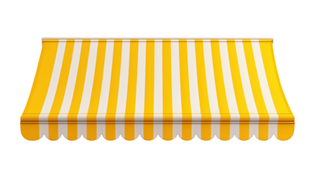 Classic yellow and white striped canvas awning isolated on transparent background