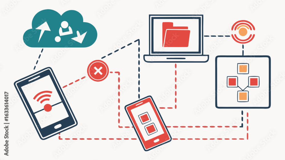 Aufkleber cloud computing data transfer network diagram showcasing mobile devices and laptop connectivity for 