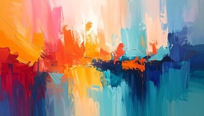 Vibrant Abstract Panorama: A Textured Clash of Sunset Orange and Ocean Blue Hues.