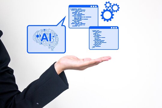 AI-powered web development and programming concept with code, gear, and brain elements. Ideal for technology, automation, innovation, and modern software engineering design visuals. - Powered by Adobe