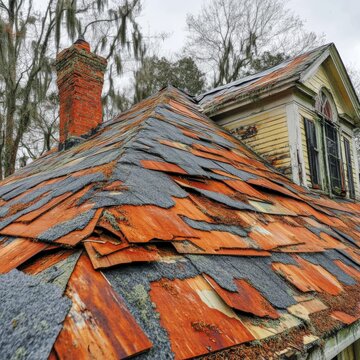 Old brick chimney on a red tile roof of a house with a blue sky