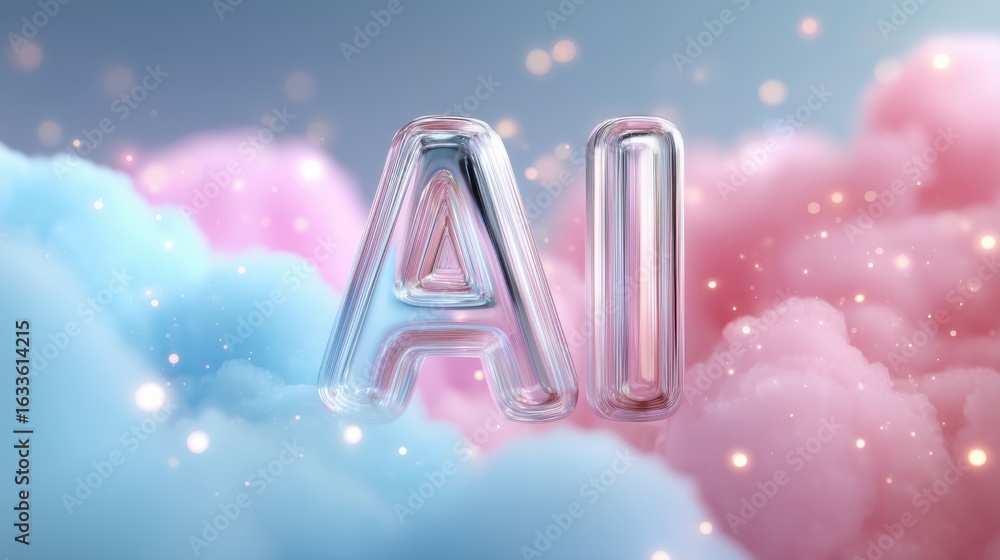 Poster colorful fluffy clouds with the letters ai in a shiny transparent design, creating a whimsical atmos