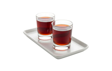 This is a photo of two glasses containing Pacharan, a typical Spanish liquor with a sloe flavor, arranged on a tray and set against a white backdrop.