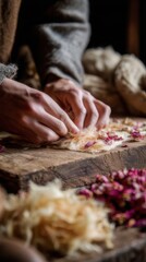 Crafting with dried flowers and natural fibers in a rustic workshop setting
