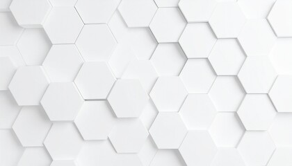 Abstract white hexagonal structure with varying depths creating a clean minimalist 3D geometric background.