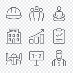 Fototapeta premium A grid of nine hand-drawn style line art icons depicting a hard hat team meditation building graph checklist table scoreboard and person isolated on transparent background