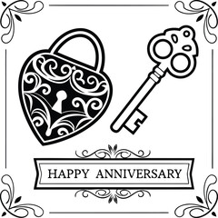 Vintage Style Happy Anniversary Vector Art With Heart Shaped Lock And Decorative Key, Ornate Frame, Elegant Decorative Flourishes. This Design Represents Love, Commitment, And Opening New Chapters. 