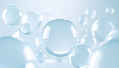 Luminous Transparent Spheres Floating in a Serene Light Blue Haze.