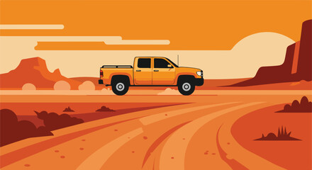 Orange truck traversing a desert landscape, stylized and minimalist design