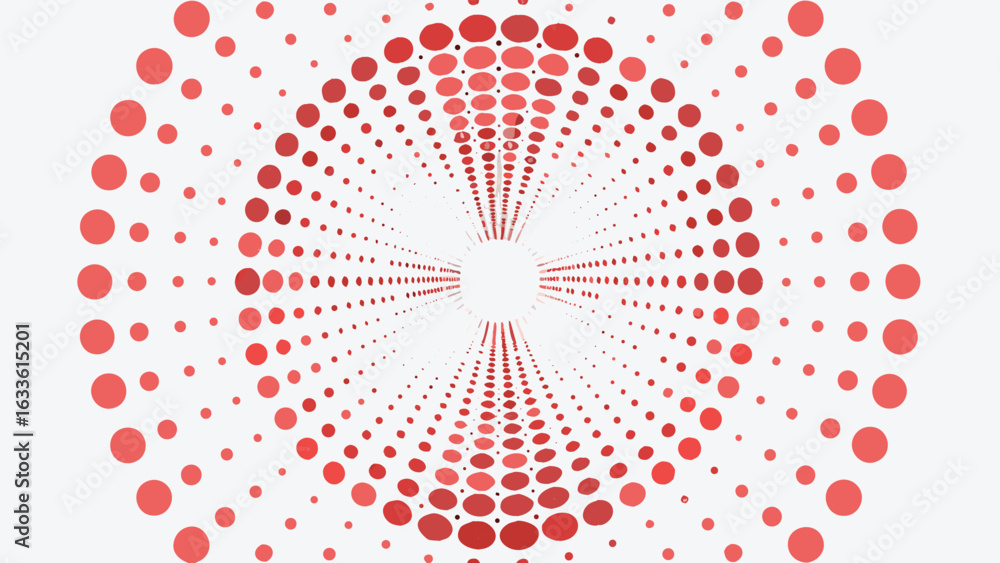 Poster perspective view of a pattern of red circles diminishing into a bright light on a white background