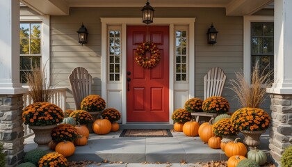 Obraz premium Autumn elegance front porch with pumpkins and mums for a welcoming fall seasonal home