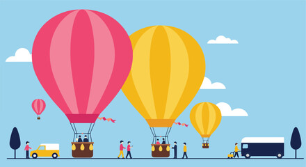Hot air balloons with crowds & transport against blue sky