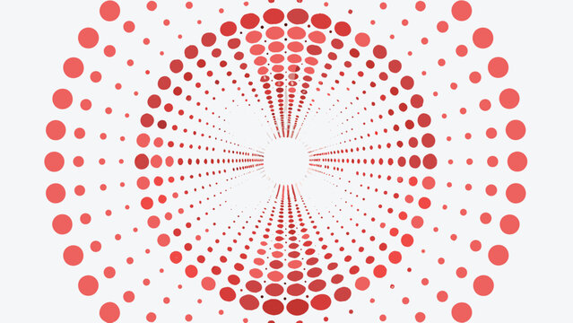 Perspective view of a pattern of red circles diminishing into a bright light on a white background