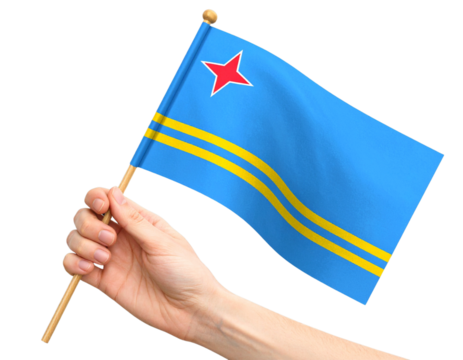  Hand Holding Small Aruba Flag on Stick, Waving Gesture, Close-Up Perspective, Isolated on Transparent Background PNG