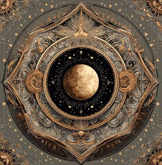 Naklejka premium A gold and silver circle with a moon in the center