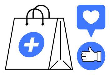 Shopping bag with a plus sign, a blue heart in a speech bubble, and a thumbs-up icon. Ideal for e-commerce, online retail, health products, customer satisfaction, social shopping, product reviews