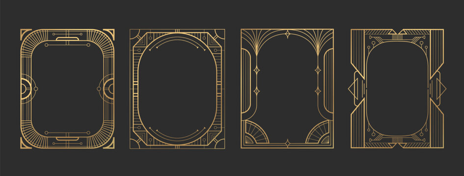 Art deco gatsby frame set - golden geometric borders with elegant line patterns, vintage ornamental rectangles of 1920s style decorative elements for luxury invitations, certificates or retro design