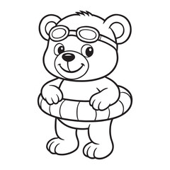 Fototapeta premium Line art of bear with a swim ring and swimming goggles cartoon vector
