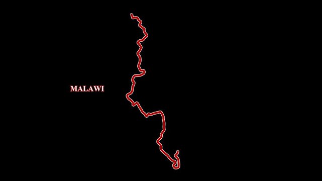 2D map of Malawi in red and white stroke outline animation with alpha channel or transparent