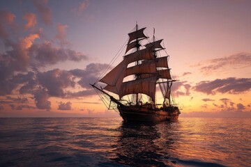 Large ship sails across tranquil ocean waters during sunset with colorful skies reflecting on calm waves, showcasing maritime beauty and adventure