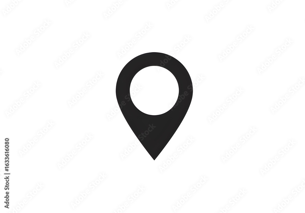 Poster a black location pin icon with a round center on a plain white background in a simple design