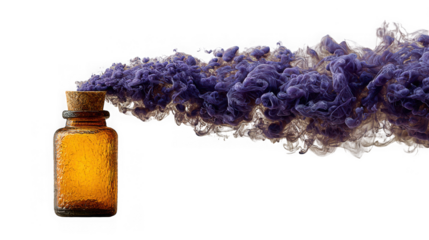 A vintage brown glass bottle with a cork emits a cloud of swirling purple smoke on white isolated on transparent background
