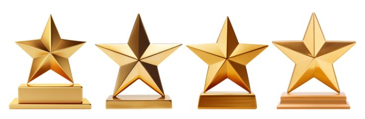 Four shiny gold star awards isolated on a transparent background