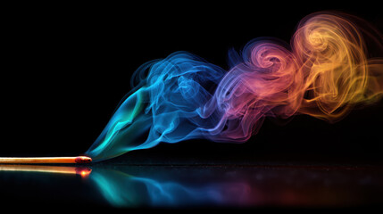 Colorful Smoke Waves Emanating from a Matchstick on a Dark Background