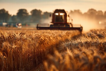 Fototapeta premium Close up of a combine harvester working in a wheat field at sunset highlighting the harvest process and equipment in action
