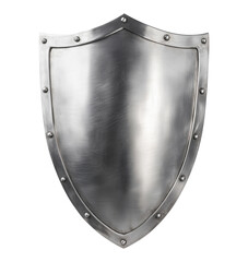 Polished silver metallic shield with rivets isolated on transparent background