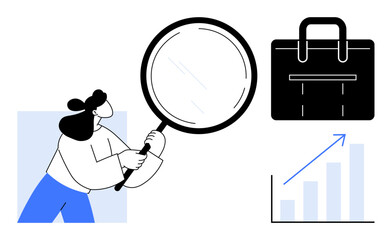 Woman holding magnifying glass, black business bag, rising bar chart. Ideal for analysis, growth, strategy, entrepreneurship, data research management. Simple flat metaphor