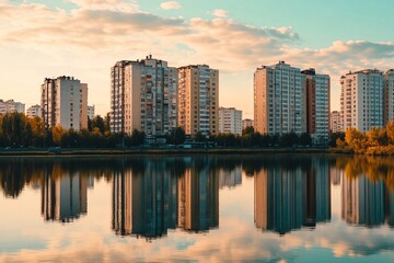 Naklejka premium City buildings mirrored in calm lake at sunset