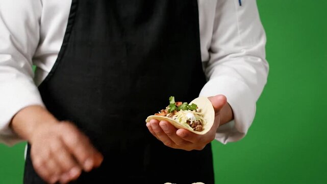 chef holding taco close up of hand assembling fresh taco with meat and toppings on green screen for food commercial recipe videos cooking tutorials and culinary overlays