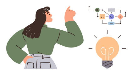 Woman gesturing idea, illuminated light bulb, abstract AI flowchart diagram with nodes and connections. Ideal for innovation, creativity, AI, problem-solving, brainstorming, education