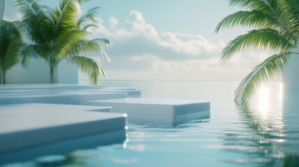 3d background product display podium scene with leaf geometric platform,cloud and sky, palm shadows and white stone podium,Mockup for eco beauty cosmetic advertising,Copy space.