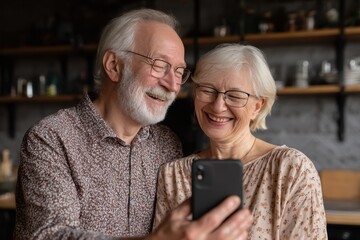 Joyful senior couple laughs together while using smartphone in cozy home kitchen during afternoon