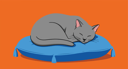 Cartoon of gray cat curled on blue pillow with orange background