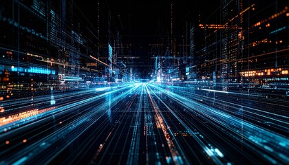 High-Speed Data Highway Through a Luminous Blue and Orange Digital Metropolis.