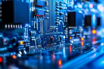 Fototapeta premium Close-up of a complex circuit board, detailed components, illuminated with blue and red lights