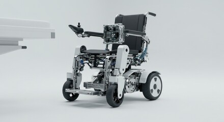 Detailed view of a high-tech, self-balancing electric wheelchair, future assistive technology