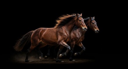 Obraz premium Ethereal equine: powerful horses gallop amidst shadows, embracing wild freedom