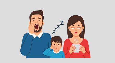 Fototapeta premium Tired parents and child yawning and looking exhausted, symbolizing lack of sleep and family fatigue with a cup of coffee.