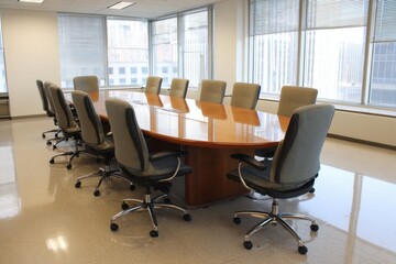 Oval conference table setup in a modern office environment with ergonomic chairs and large windows providing ample natural light