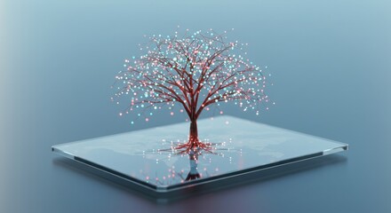 Luminous digital tree growing on a glass platform conveying technological growth and innovative