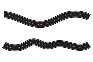 Wavy winding curves roads and horizontal path. Horizontal asphalt road template. Flat vector illustration isolated on transparent background.